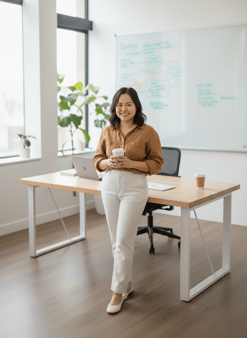 A professional woman in a white suit, representing a virtual assistant, sitting in a modern chair.